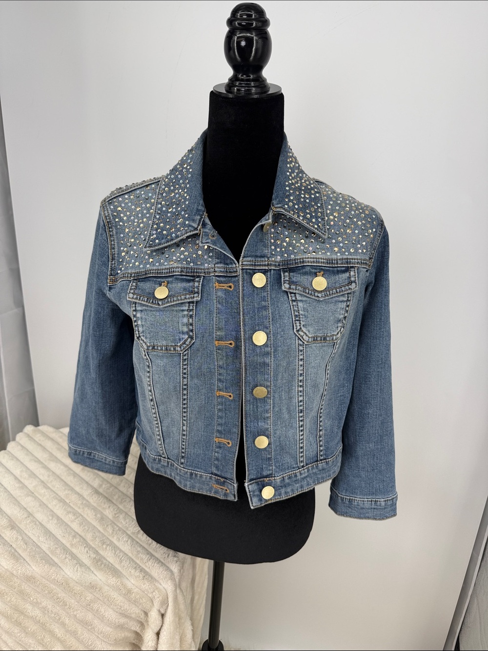 Vtg Chicos size 1 Women's Studded Blue Denim Jacket - Gold Button Detail